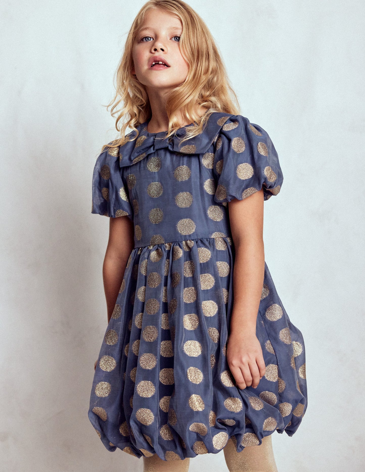 Partykleid mit Ballonsaum-Schuluniform-Marineblau Goldene Punkte