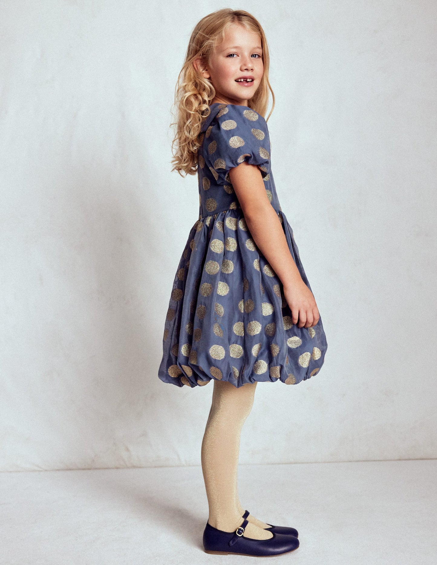Partykleid mit Ballonsaum-Schuluniform-Marineblau Goldene Punkte