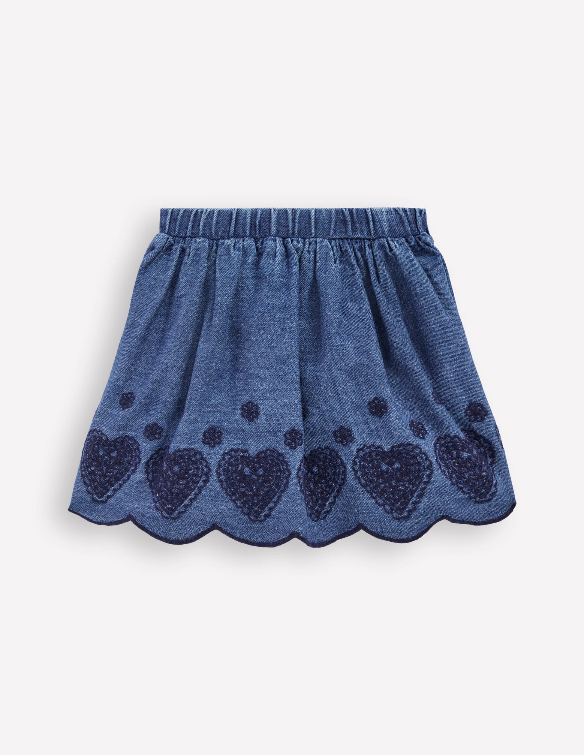 Jupe brodée à enfiler-Bleu chambray-4