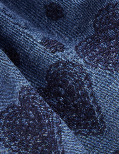 Jupe brodée à enfiler-Bleu chambray-5
