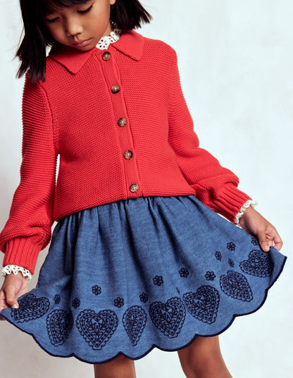 Jupe brodée à enfiler-Bleu chambray-1