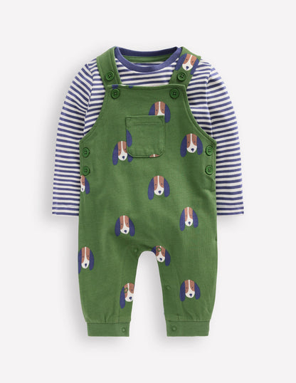 Bedrucktes Jersey-Oberteil und Latzhose im Set-Grün Hunde-1