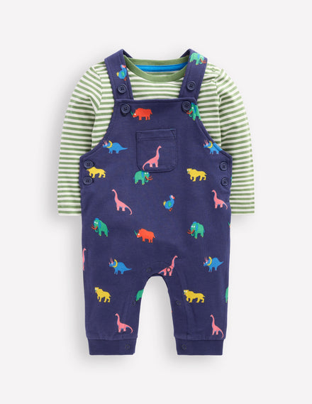 Bedrucktes Jersey-Oberteil und Latzhose im Set-Bunt Prähistorische Tiere
