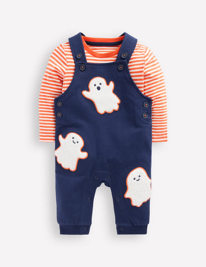 Ensemble en jersey imprimé avec salopette-Fantômes bleu marine-1