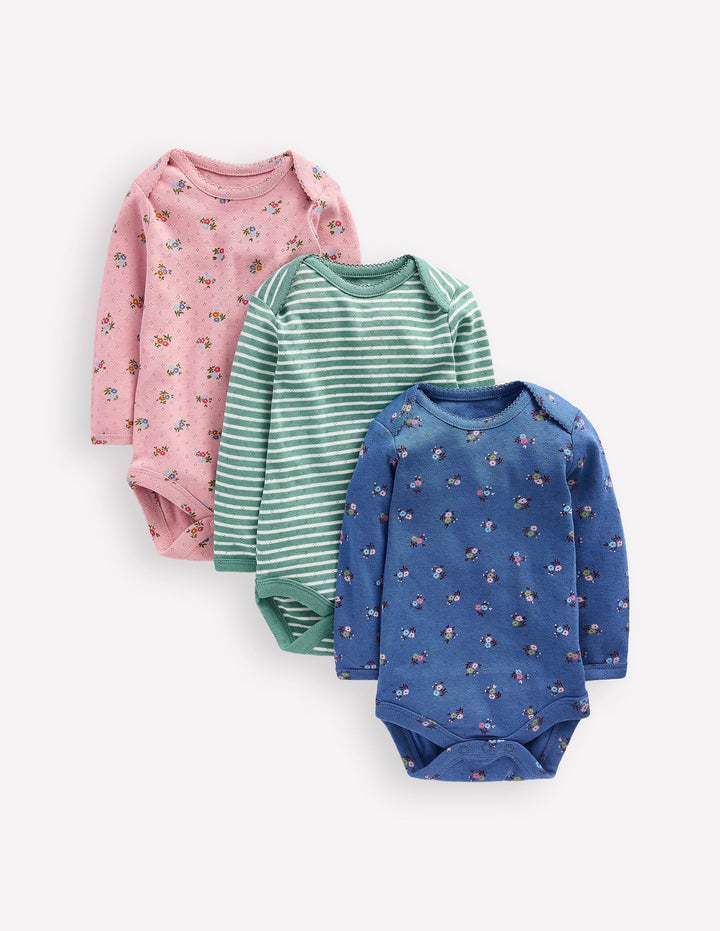 Pointelle-Bodys im 3er-Pack-Rosa/Blau Kleines Blumenmuster