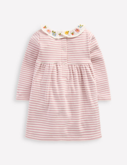 Robe brodée en jersey-Rayé rose vintage ivoire doux