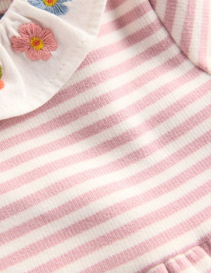 Jerseykleid mit Stickerei-Vintage-Rosa Sanftes Naturweiß Streifen-3