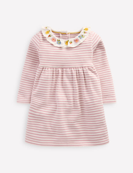 Robe brodée en jersey-Rayé rose vintage ivoire doux