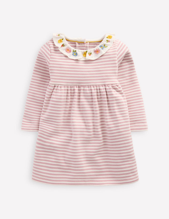 Jerseykleid mit Stickerei-Vintage-Rosa Sanftes Naturweiß Streifen