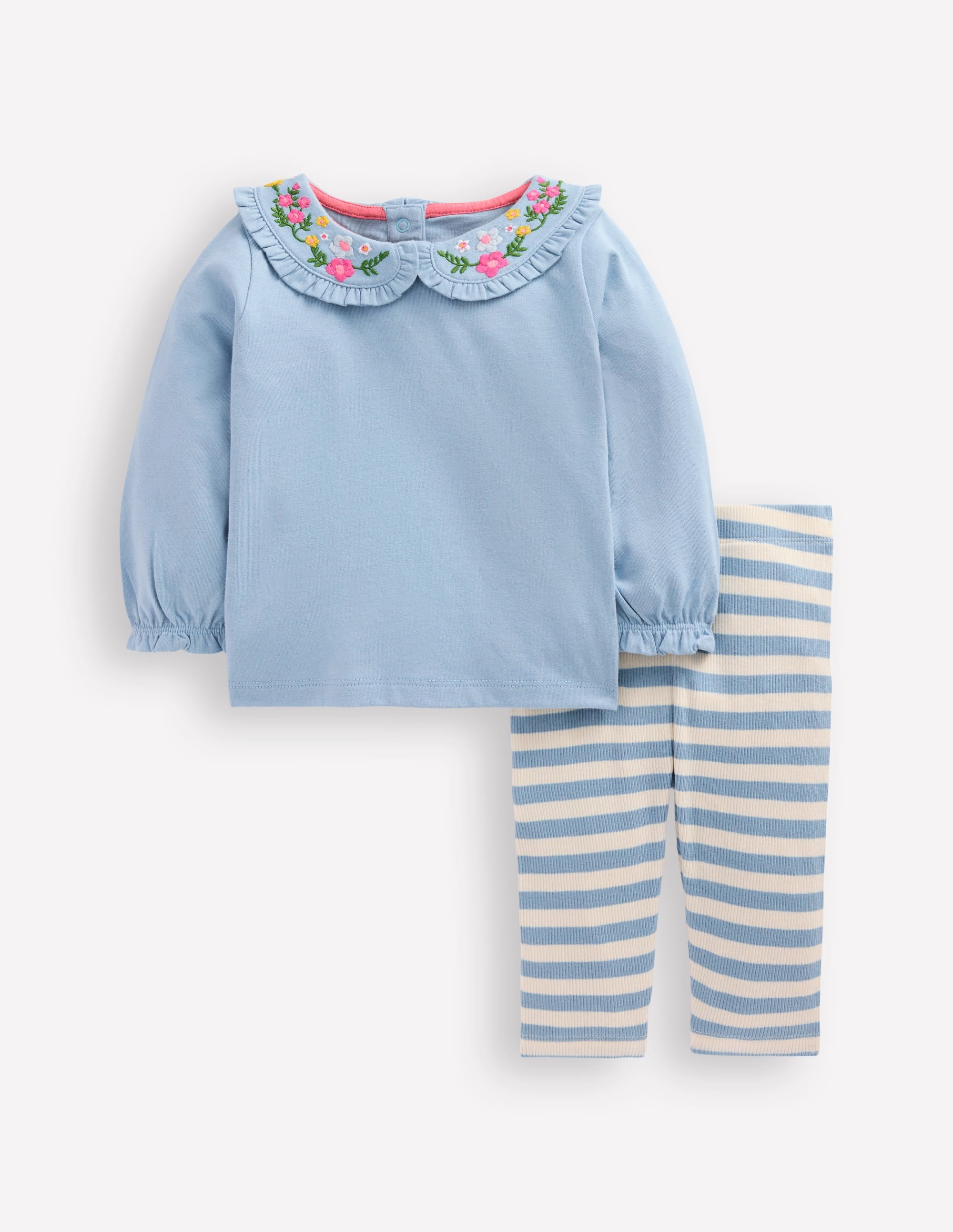 Ensemble à col en jersey-Broderie florale bleu - Image 1