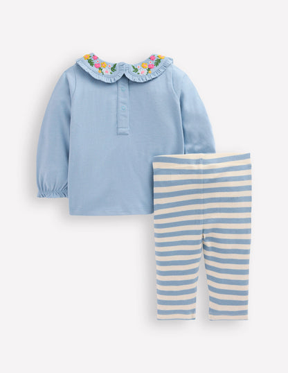 Jersey-Set mit Kragen-Blau Blumenstickerei-2