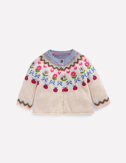 Edie Fair-Isle-Strickjacke-Ecru Meliert, Blumen-1