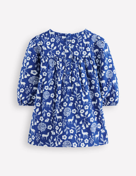 Robe tissée à empiècement-Motif Promenade dans les bois bleu