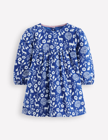 Robe tissée à empiècement-Motif Promenade dans les bois bleu