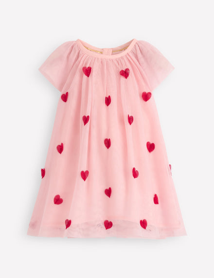 Robe avec superposition en tulle-Cœurs rose craie