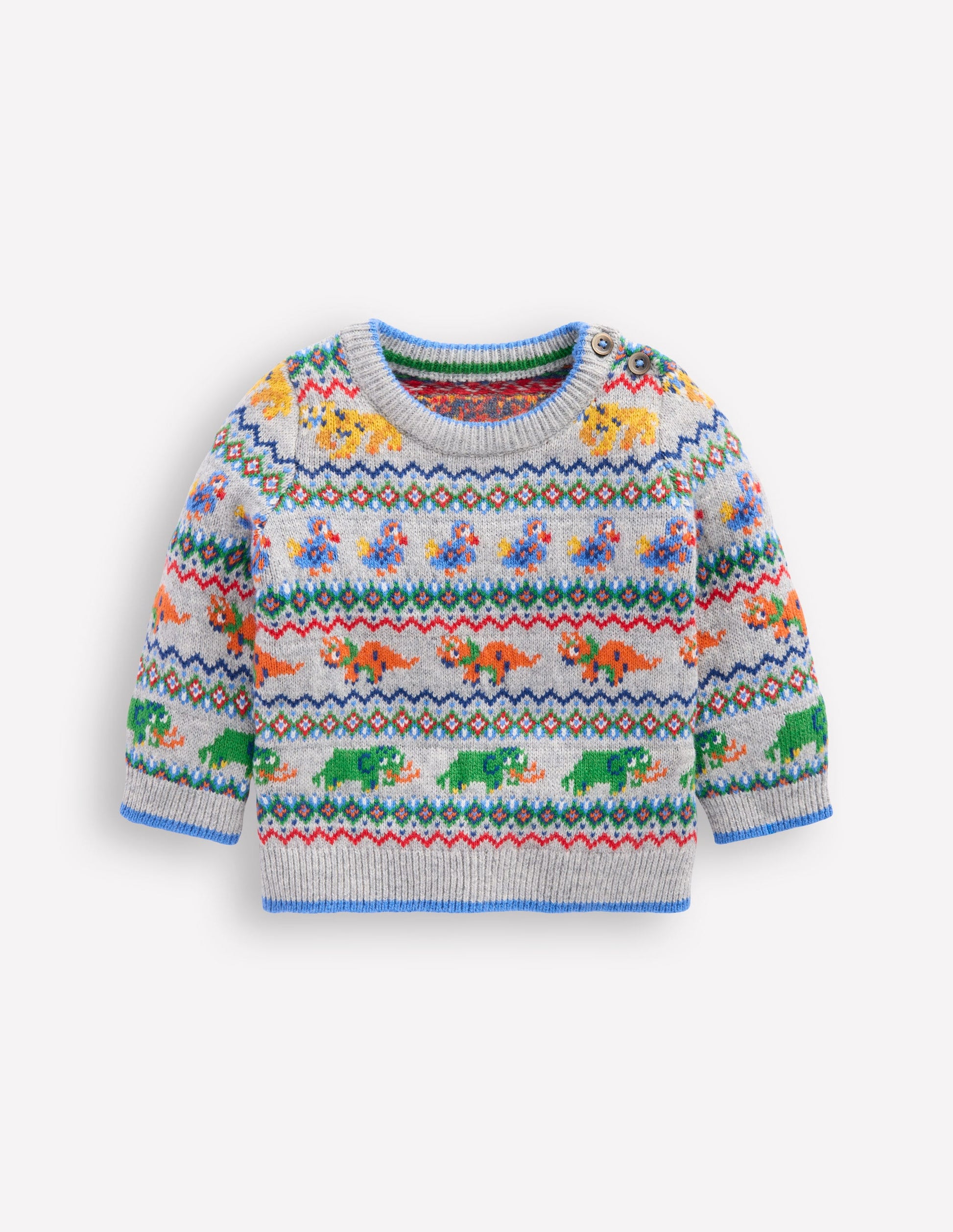 Fair-Isle-Pullover mit Knöpfen-Grau Meliert Prähistorische Tiere-2