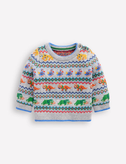 Fair-Isle-Pullover mit Knöpfen-Grau Meliert Prähistorische Tiere-2