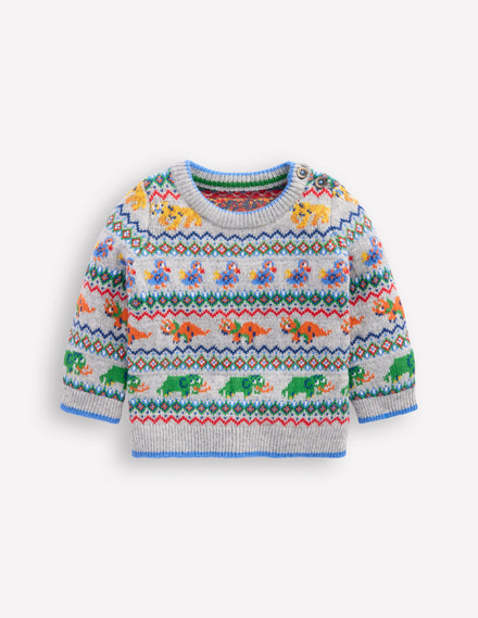 Fair-Isle-Pullover mit Knöpfen-Grau Meliert Prähistorische Tiere
