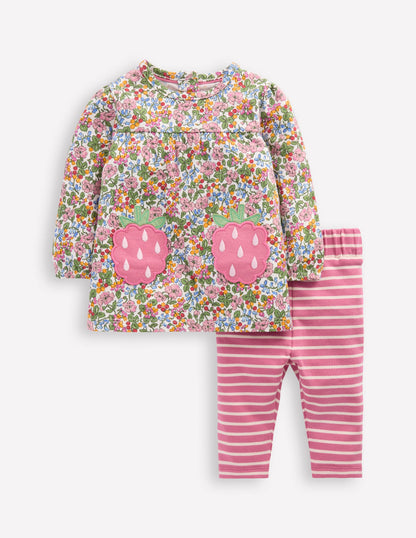 Ensemble avec tunique en jersey à appliqué-Motif floral baie et lait de noix de coco-1