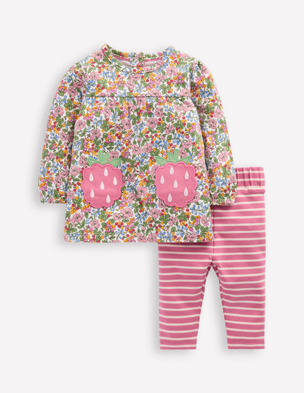 Ensemble avec tunique en jersey à appliqué-Motif floral baie et lait de noix de coco