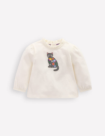 T-Shirt mit Applikation-Sanftes Naturweiß Katze-1