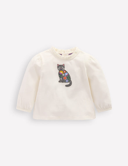 T-Shirt mit Applikation-Sanftes Naturweiß Katze