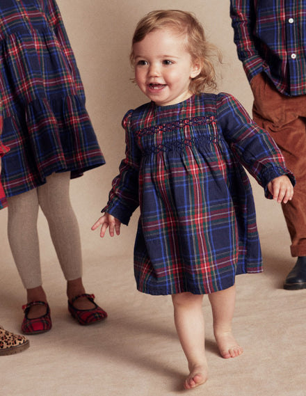 Robe de cérémonie à smocks-Carreaux bleu marine