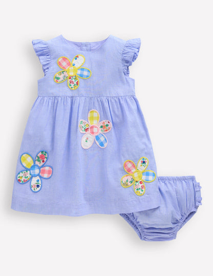 Gewebtes Rüschenkleid-Blau Patchworkblume