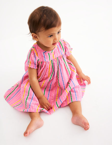 Gerafftes, gewebtes Kleid-Neonpink Bunt Streifen