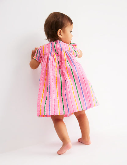 Gerafftes, gewebtes Kleid-Neonpink Bunt Streifen