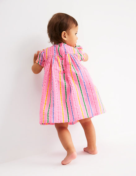 Gerafftes, gewebtes Kleid-Neonpink Bunt Streifen
