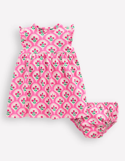 Jerseykleid mit Rüschenärmeln-Rosa Rose Holzblock Blumenmuster