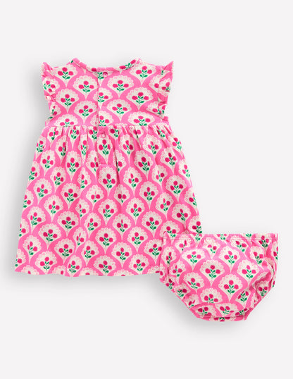 Jerseykleid mit Rüschenärmeln-Rosa Rose Holzblock Blumenmuster