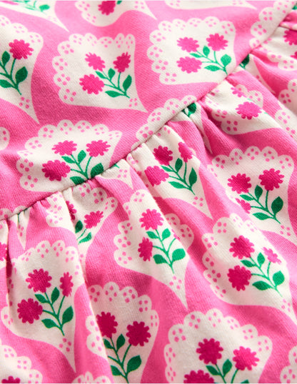 Jerseykleid mit Rüschenärmeln-Rosa Rose Holzblock Blumenmuster
