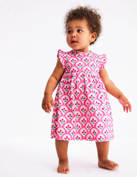 Jerseykleid mit Rüschenärmeln-Rosa Rose Holzblock Blumenmuster