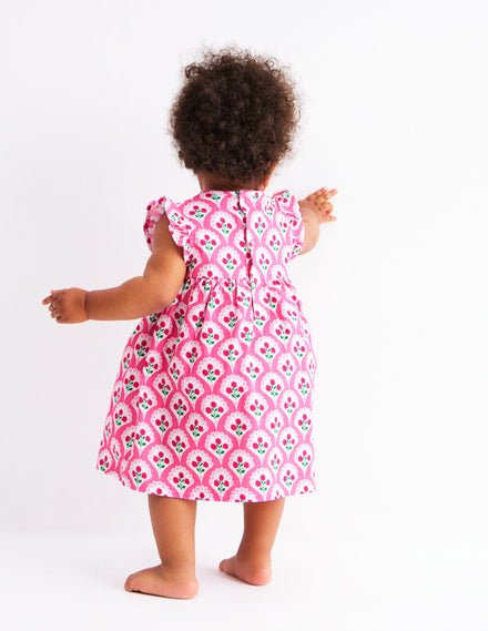 Jerseykleid mit Rüschenärmeln-Rosa Rose Holzblock Blumenmuster