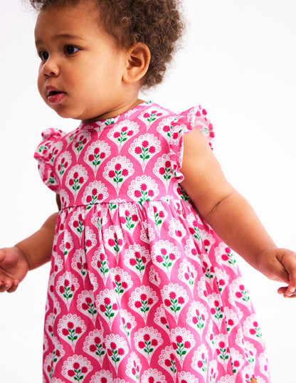 Jerseykleid mit Rüschenärmeln-Rosa Rose Holzblock Blumenmuster