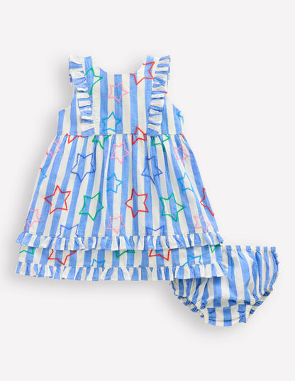 Schürzenkleid mit Rüschen-Pfauenfederblau Stern