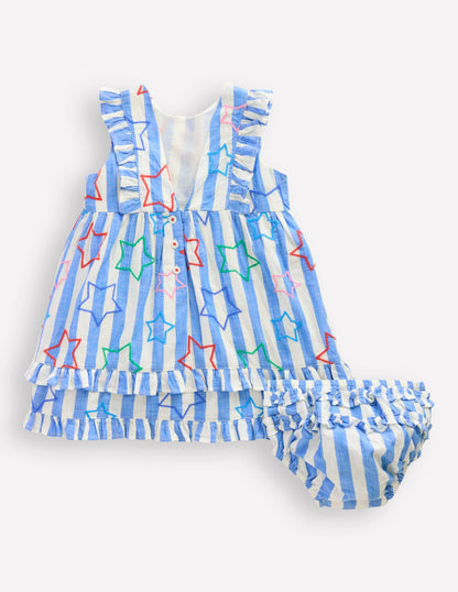 Schürzenkleid mit Rüschen-Pfauenfederblau Stern