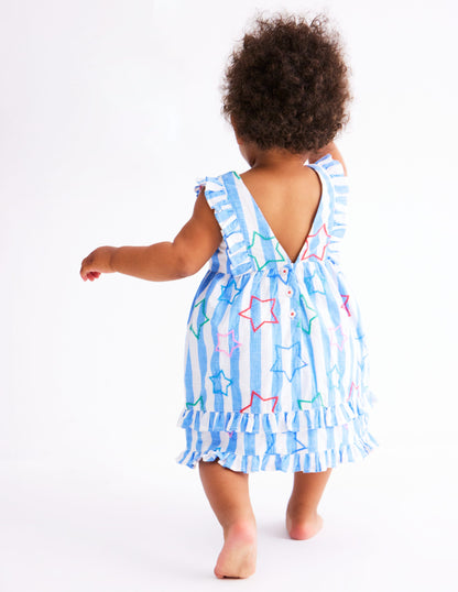 Schürzenkleid mit Rüschen-Pfauenfederblau Stern