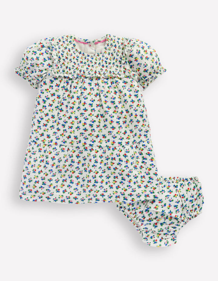 Doppeltuch-Kleid-Sanftes Naturweiß Blümchen