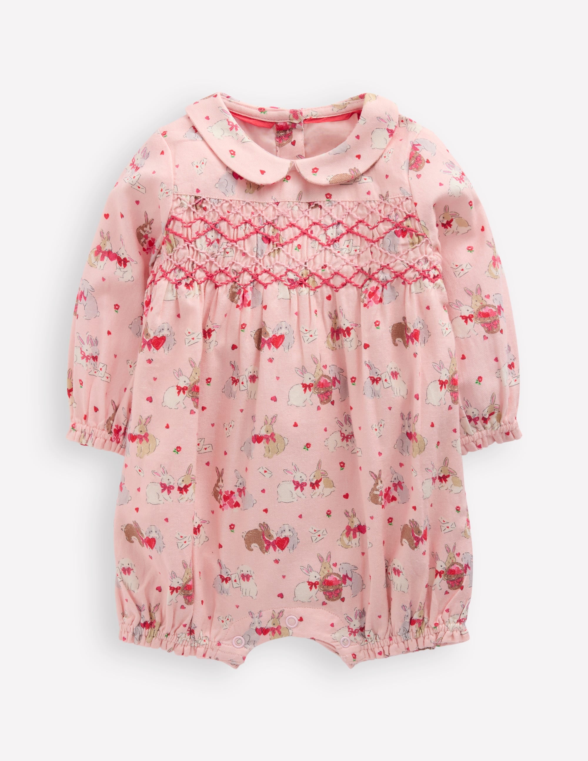 Barboteuse à smocks-Lapins amoureux rose - Image 1