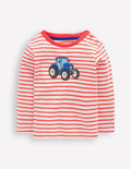 Long Sleeve Appliqué T-shirt-Soft Ivory and Jam Red Stripe