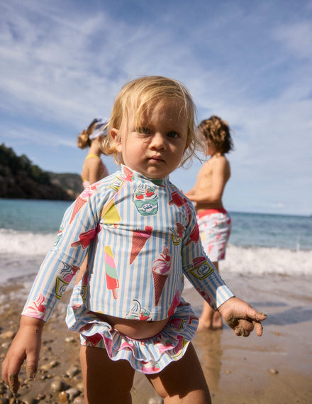 Ensemble avec haut de plage volanté-Glaces bleu vintage