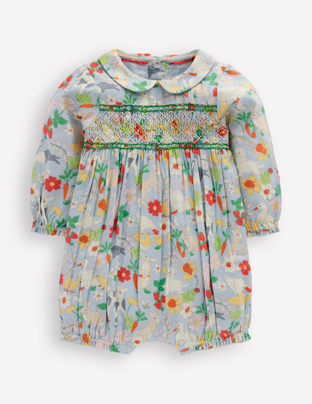 Barboteuse à smocks-Motif Spring Meadow bleu