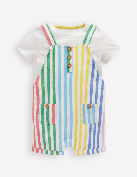 Button Dungaree Set-Multi Stripe