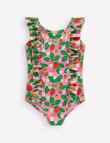 Maillot de bain à volants-Motif fraisier rose