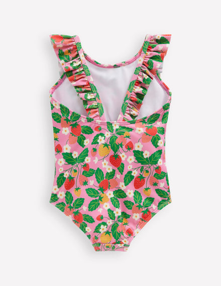 Maillot de bain à volants-Motif fraisier rose