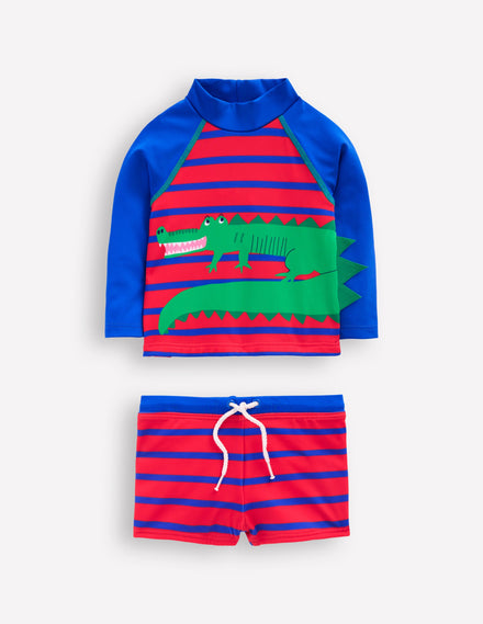 Lustiges Badeshirt-Set-Galerieblau/Mohnblumenrot Krokodil