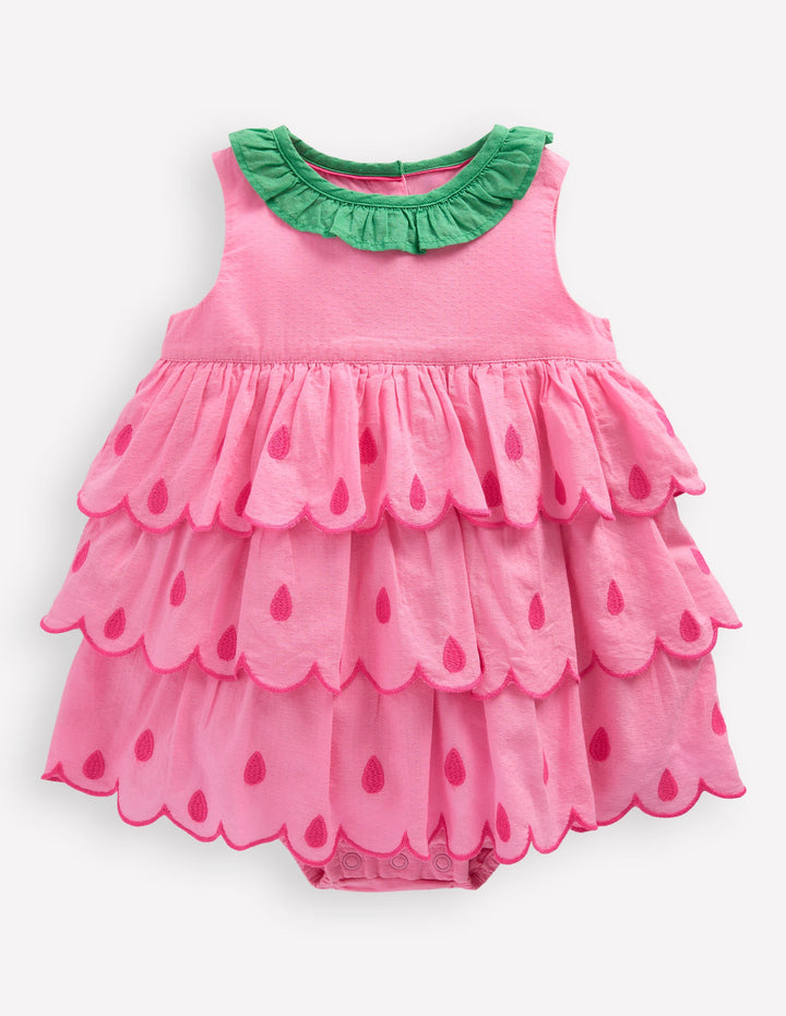 Gewebter Strampler mit Rüschen-Kaugummi-Rosa